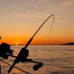 Fishing - black fishing rod and body of water during golden hour